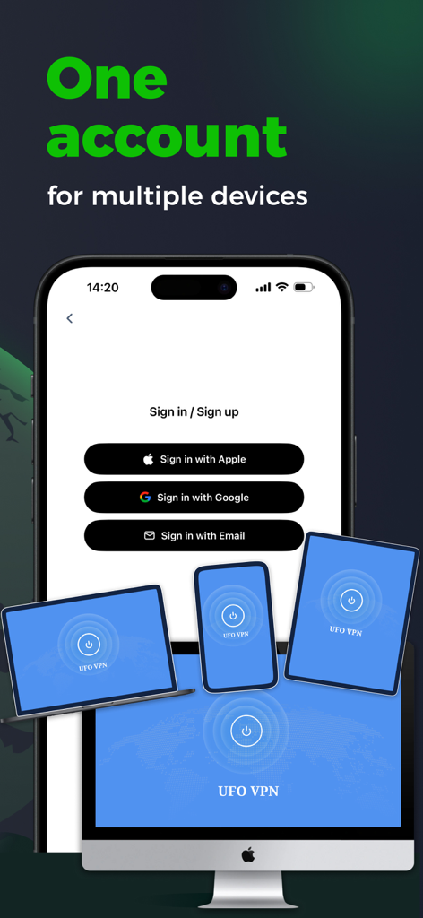 UFO VPN: Ultra Fast Secure VPN - Interface do UFO VPN mostrando uma conta para vários dispositivos como iPhone, iPad e Mac com opções de login