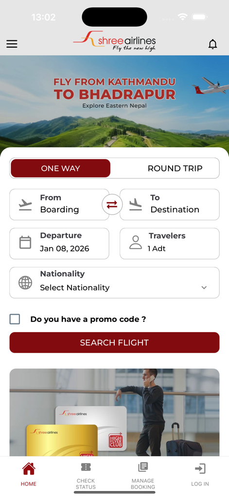 Schermata principale dell'app mobile Shree Airlines che mostra l'interfaccia di ricerca e prenotazione voli
