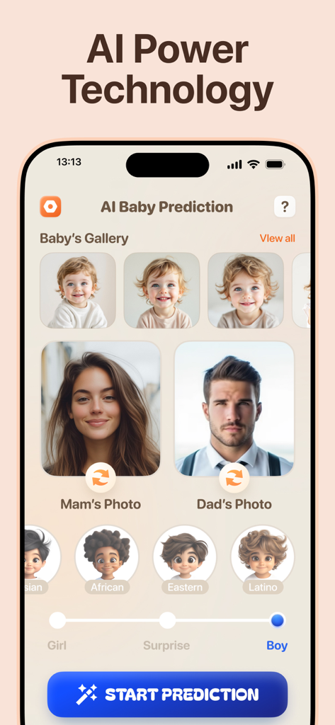 Future Baby Generator・AI Face - Mobile app interface showing AI baby prediction with parent photo uploads and baby face results