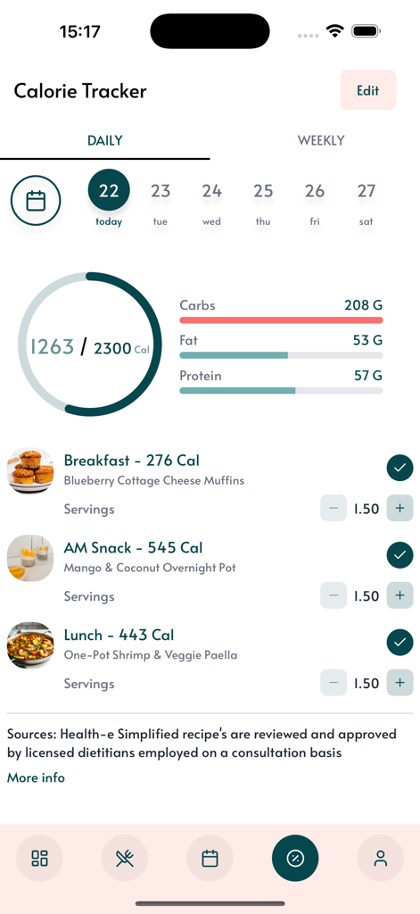 Daily calorie tracker dashboard in the Health-e Simplified app showing calorie goals and meal logs