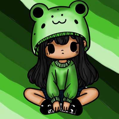 a girl wearing a frog hat and some frog socks