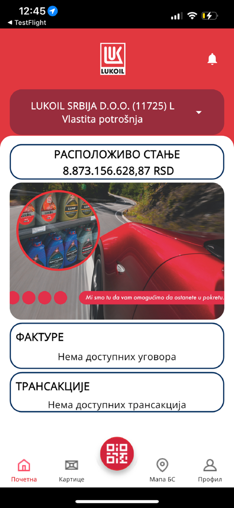 LUKOIL SRBIJA FLEET - The home screen of the LUKOIL SRBIJA FLEET app showing the available balance, invoices, and transaction summary.