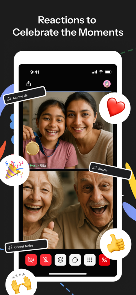 Huddle01 app interface showing a video call with emoji reactions and soundboard features.
