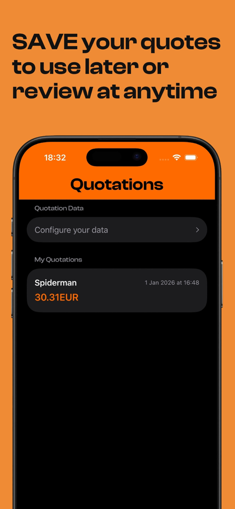 3Dcalc plus 앱에서 저장된 3D 프린팅 비용 견적을 보여주는 인터페이스