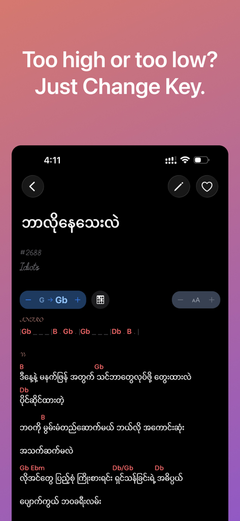 So.Tee - So.Tee app interface showing Myanmar song lyrics with guitar chords and key transpose feature