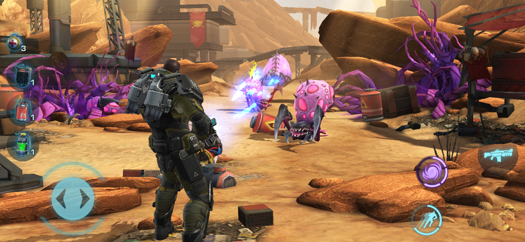 Evolution 2: Battle for Utopia - Captain Blake fighting alien insectoid monsters in a desert canyon in Evolution 2 Battle for Utopia.