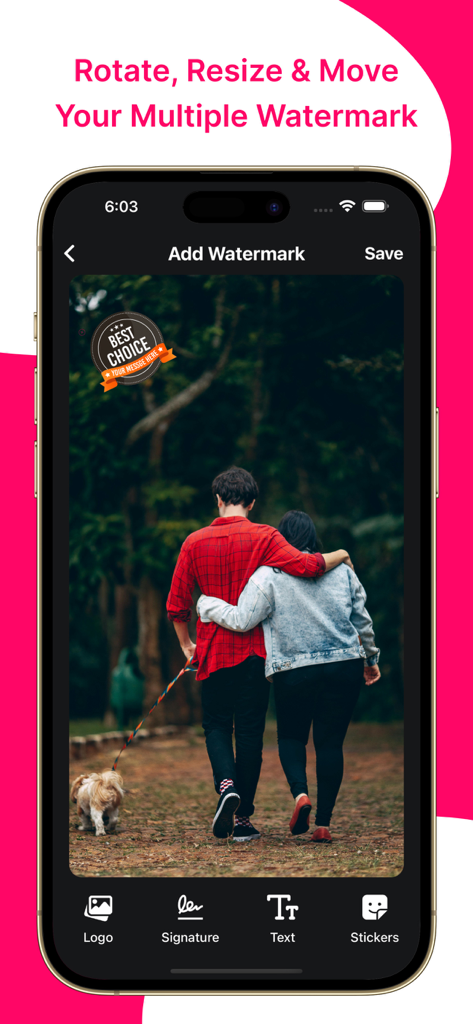 Add Watermark : Photo & Video - Smartphone interface showing how to rotate resize and move watermarks on a photo
