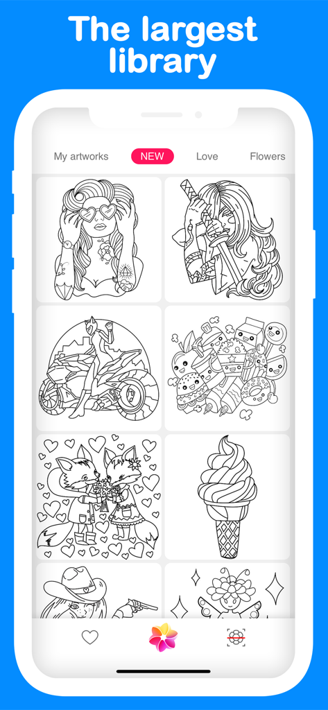 A mobile app screen showing a diverse library of black and white coloring pages in the Creatify app.