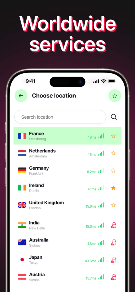 A mobile interface showing a list of global VPN server locations including France Netherlands and Germany with connection speeds