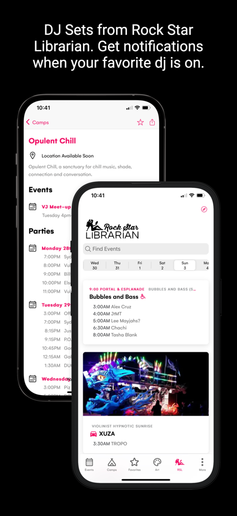 Interfaccia dell'app Dust che mostra i DJ set di Rock Star Librarian e i programmi degli eventi dei tema camp