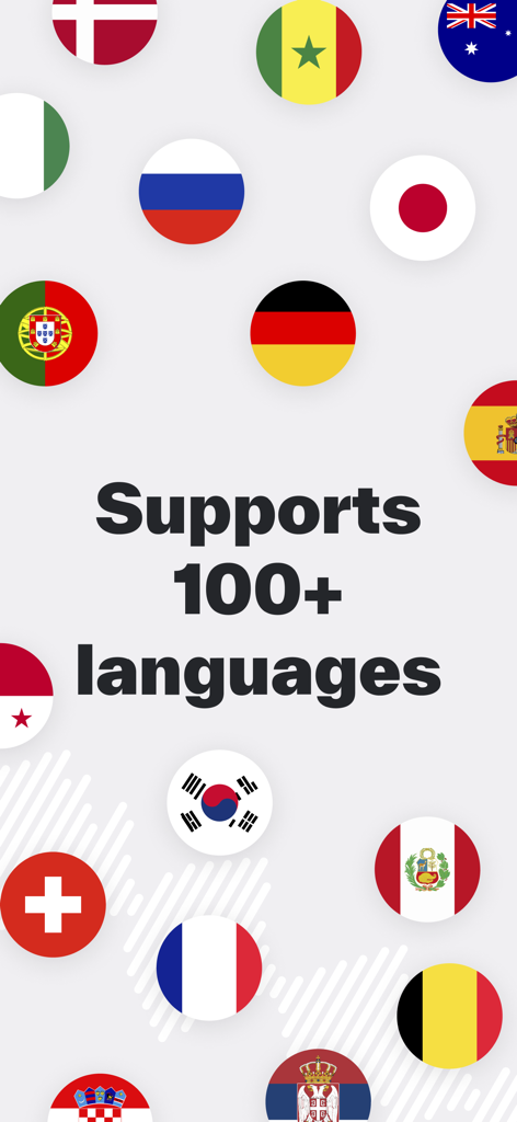 Captura de tela do aplicativo de anotações Studley mostrando que ele suporta mais de 100 idiomas com ícones de várias bandeiras nacionais.