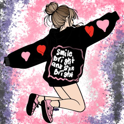 realistic girl jumping with a bun and oversized sweatshirt