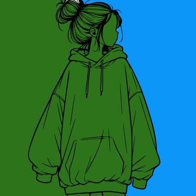 realistic girl with a oversized sweatshirt on and a bun