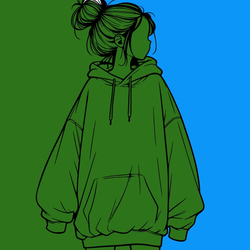 realistic girl with a oversized sweatshirt on and a bun