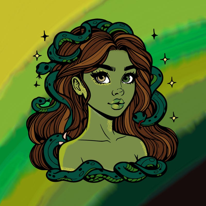 realistic girl with snakes as hair