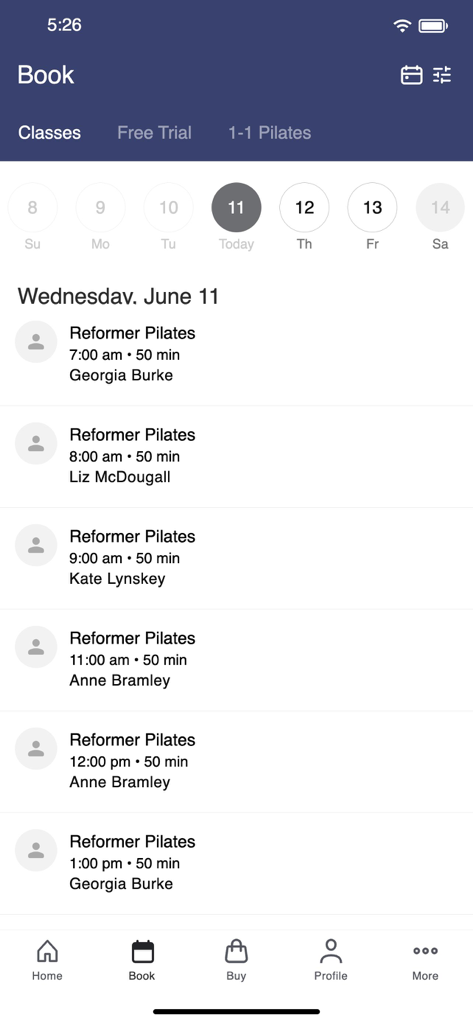 Khandallah Reformer Pilates - Khandallah Reformer Pilates app booking screen showing a daily list of classes with times and instructors