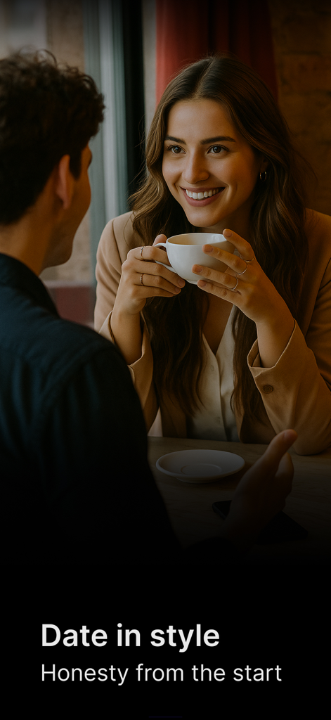 SoulMatcher: Premium Dating - A sophisticated couple on a date in a cafe with the text Date in style Honesty from the start