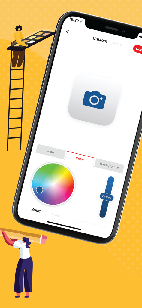 Mobile App-Oberfläche, die ein Farbrad und einen Schieberegler zur Anpassung von App-Icon-Farben zeigt.