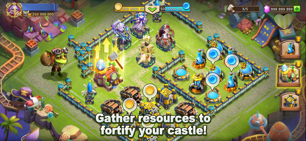 Gestión estratégica de la base y recolección de recursos en Castle Clash World Ruler.