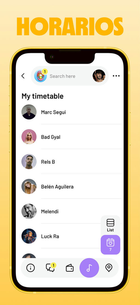 Arenal Sound Official - App móvil de Arenal Sound mostrando una lista de artistas del festival en un horario personalizado