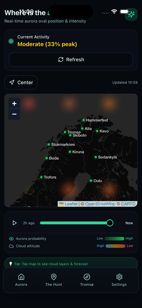 Aurora Tromsø App-Bildschirm mit einer Karte von Nord-Skandinavien mit Echtzeit-Aurora-Aktivität und Stadtsymbolen.