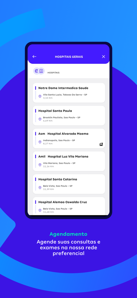 Amil Clientes app interface showing a list of general hospitals and a scheduling feature for medical appointments.