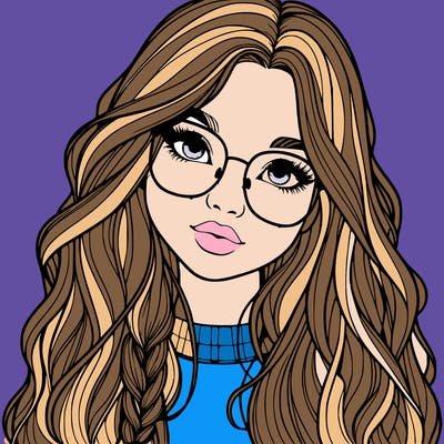 girl with long hair and freckles and glasses realistic
