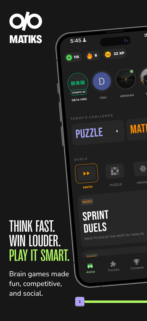 Matiks: Math and Brain Games - Interface de l'application Matiks présentant des duels de maths rapides compétitifs et des puzzles cérébraux quotidiens