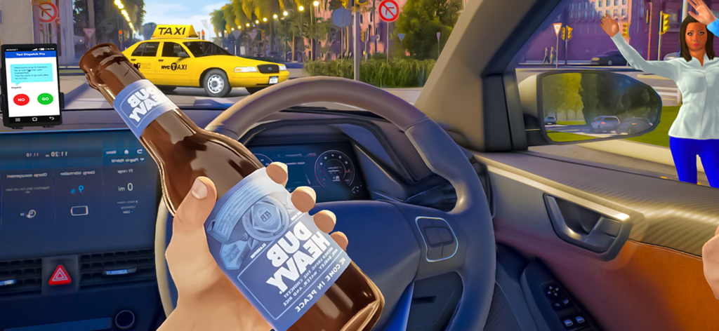 Taxi Sim : Driving Games 2023 - Vista en primera persona desde el interior del coche en Taxi Sim Driving Games 2023, mostrando un taxi amarillo en una calle de la ciudad.