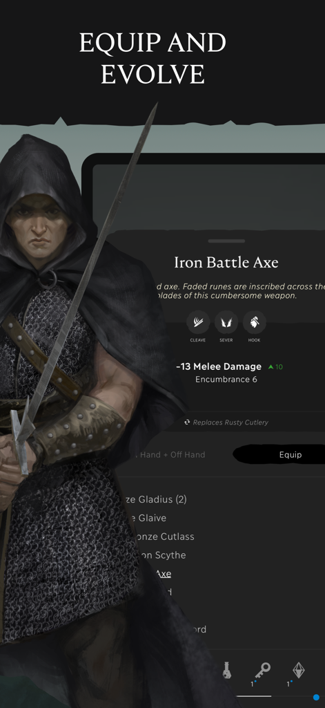 Character equipment screen in Eldrum Untold showing weapon stats and an iron battle axe