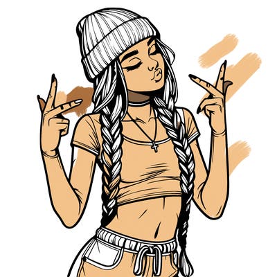 realistic teenage girl with braids and a beanie and crop top doing 🫶🏼