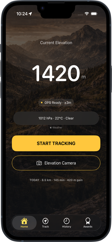 TrailSnap: Hike, Bike & Walk - TrailSnap app home screen displaying elevation weather and start tracking button