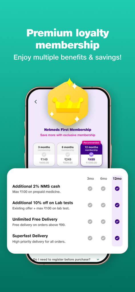 Netmeds First membership screen showing premium loyalty plans and benefits like free delivery and lab test discounts