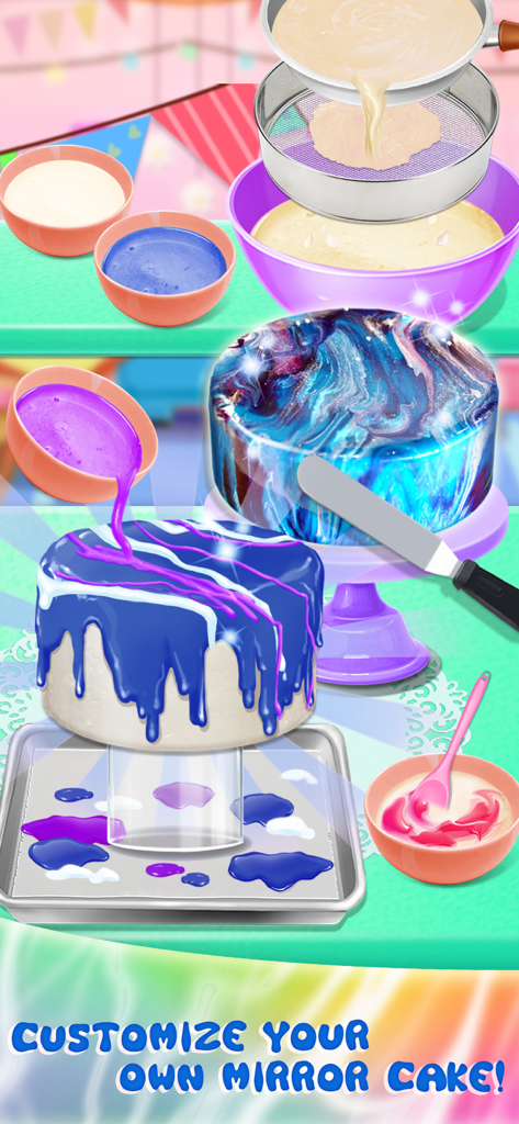 Galaxy Mirror Glaze Cake - Personalizando un pastel brillante de glaseado espejo galáctico con crema de colores en un juego móvil
