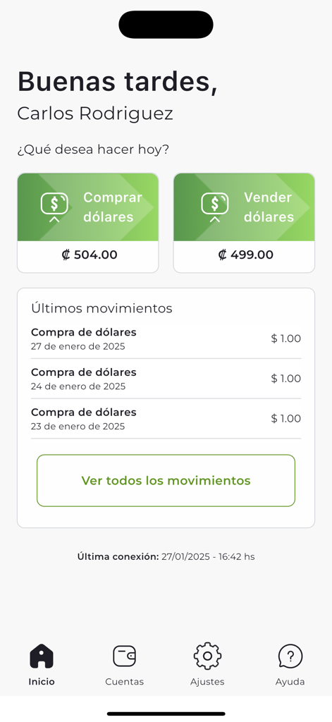 Home screen of the FLEX BCT app showing currency exchange options and recent transaction history
