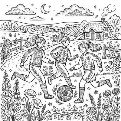 Dive into a unique blend of sport and rustic charm with this Cottagecore Midfielders coloring page. Watch as three spirited soccer girls enjoy their game amidst a serene landscape of wildflowers and rolling hills.