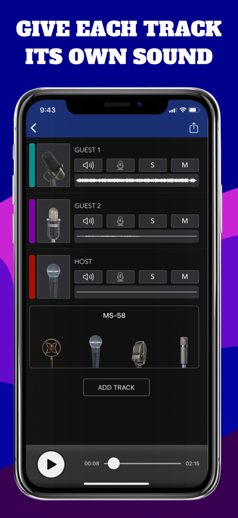 MicSwap MultiTrack Pro: Studio - Interfaz de MicSwap MultiTrack Pro que muestra grabación multipista y modelado de micrófono único para cada pista de invitado.