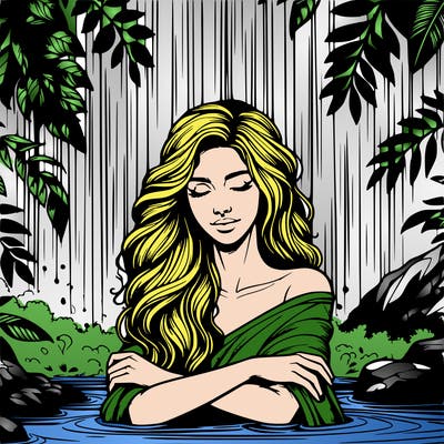 realistic female model under waterfall