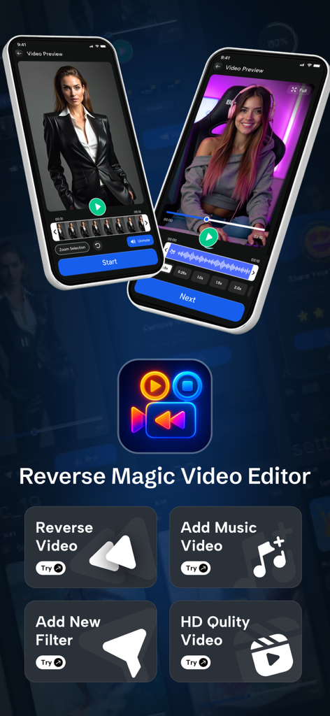 Reverse Magic Video Editor - リバース動画、音楽、フィルター機能を搭載したリバースマジック ビデオエディタアプリのユーザーインターフェース