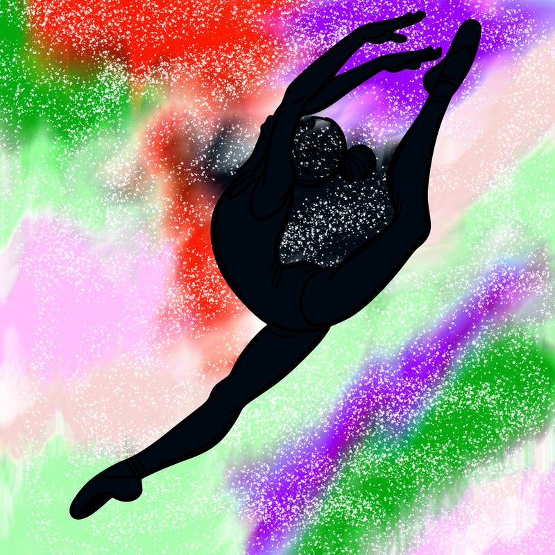 gymnast doing a leap in a leotard with a bent back leg