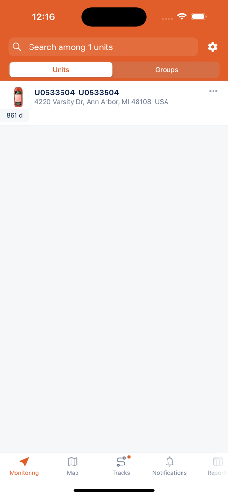FleetFACTZ - FleetFACTZ app monitoring screen showing a tracked vehicle unit with location details