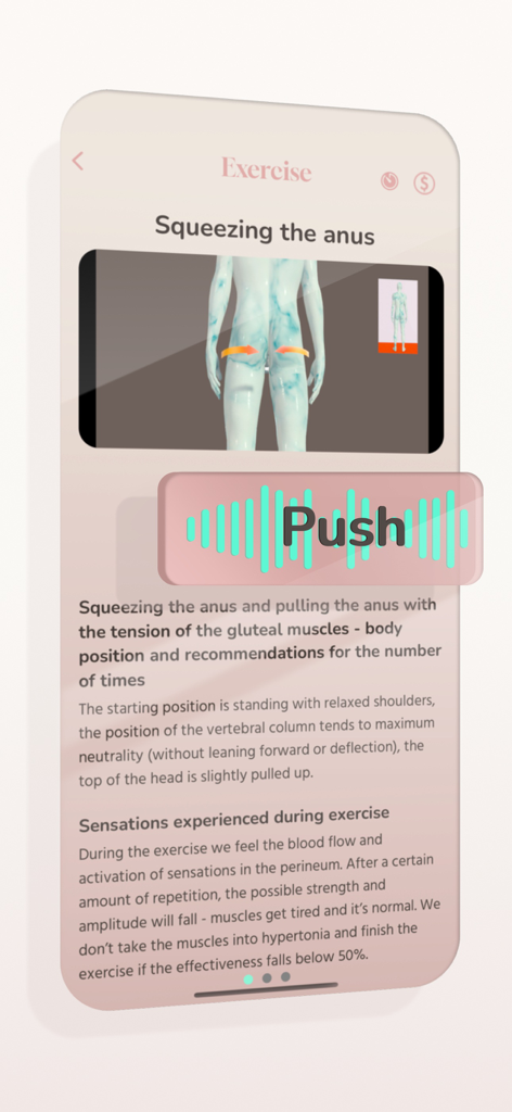 Kegel exercise set - Instructional screen showing a 3D visualization of male pelvic floor muscle exercises