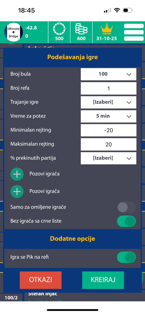 Game settings and match customization menu in the Ultimate Preferans app