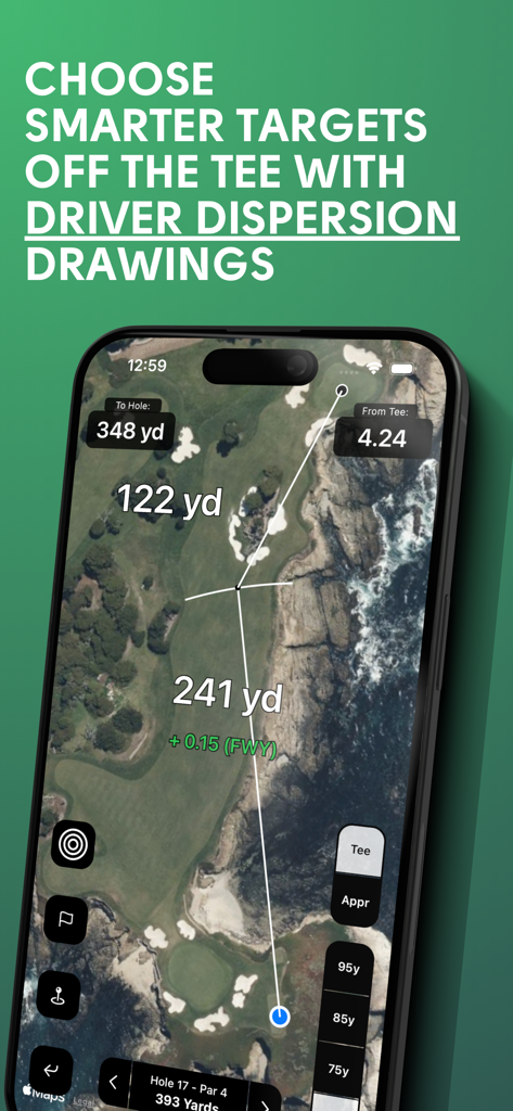 Aplicativo Shot Pattern mostrando desenhos de dispersão do driver em um mapa de satélite para estratégia de golfe