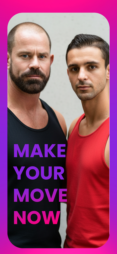 Mr X 게이 데이팅 앱의 두 남성이 Make your move now라는 텍스트와 함께 표시됩니다.