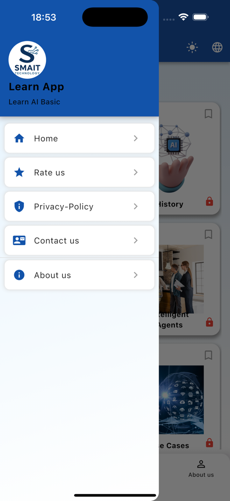 Learn AI (LA) - Menú lateral de la aplicación móvil Aprende IA con enlaces a las páginas de inicio y contacto