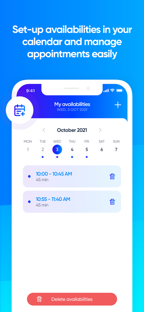 Klassly - Klassly app screen showing teacher calendar with set availabilities for parent appointments