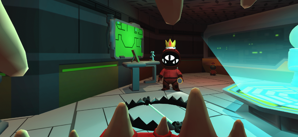 Imposter 3D: online horror - Un personaje astronauta rojo con una corona en un entorno de juego de terror 3D con una trampa de oso en el suelo.