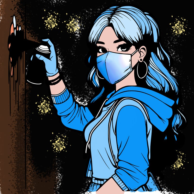 realistic girl with mask spray painting a wall