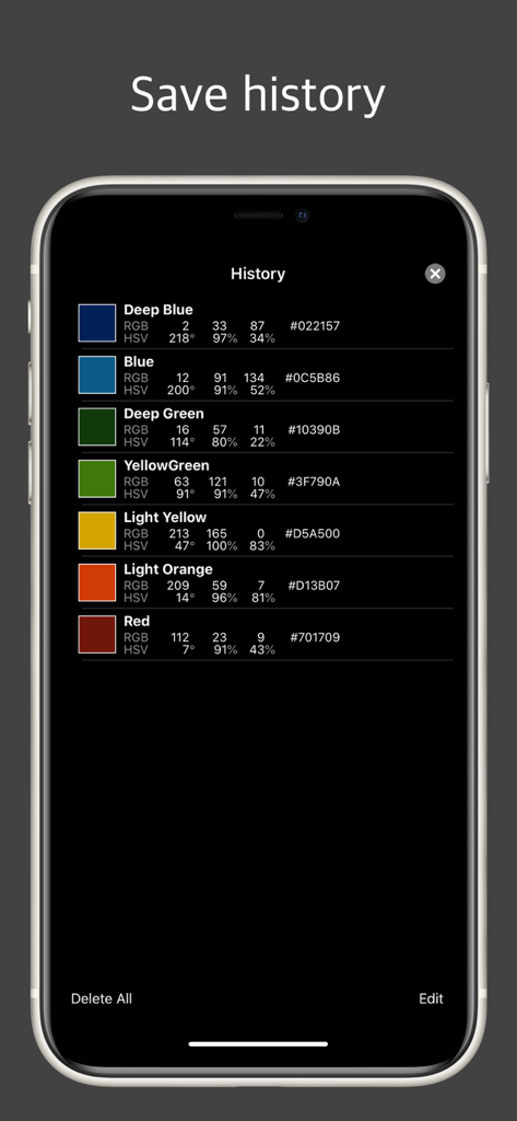 A smartphone interface showing a history list of identified colors with names, RGB values, and hex codes
